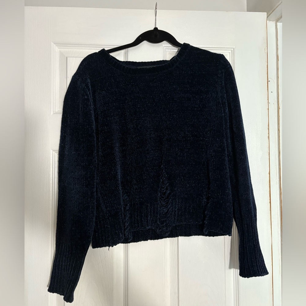 Navy chenille sweater with distressed details